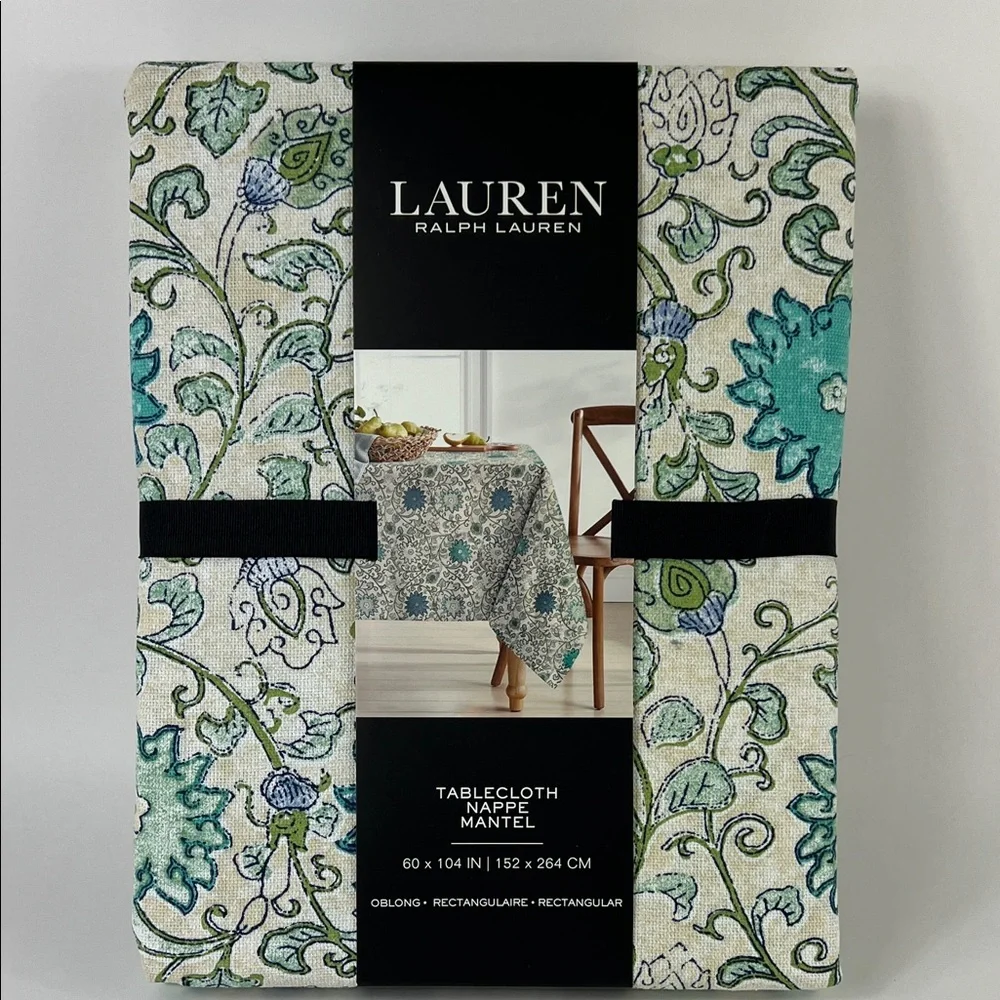 Ralph Lauren Tablecloth Blue Green Cream 100% Cotton 60 X 104 Seats 8-10 NEW